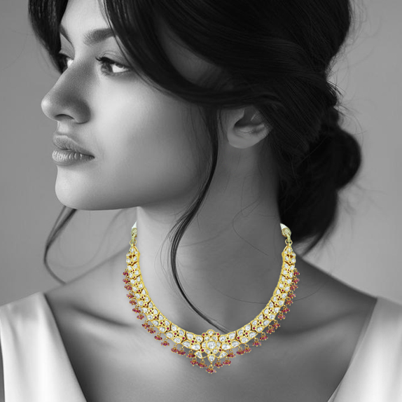 Floral Polki Necklace with Tourmaline Beads and Ruby Accents